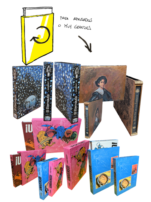 varias vistas frontales y laterales de cajas para girar cómics apaisados y colocarlos en estantería