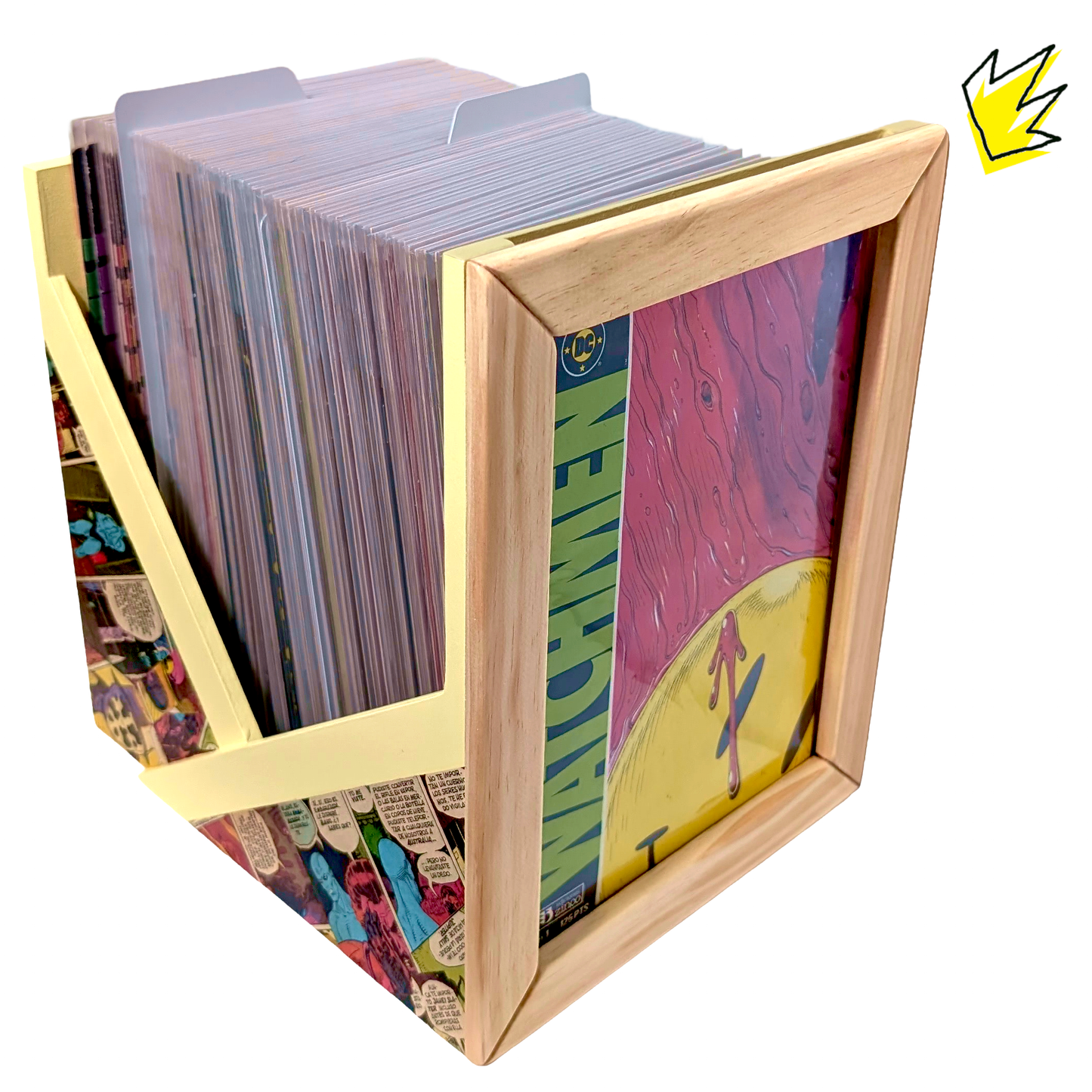 Caja abierta para grapas en madera con marco frontal, foto principal de producto sin fondo