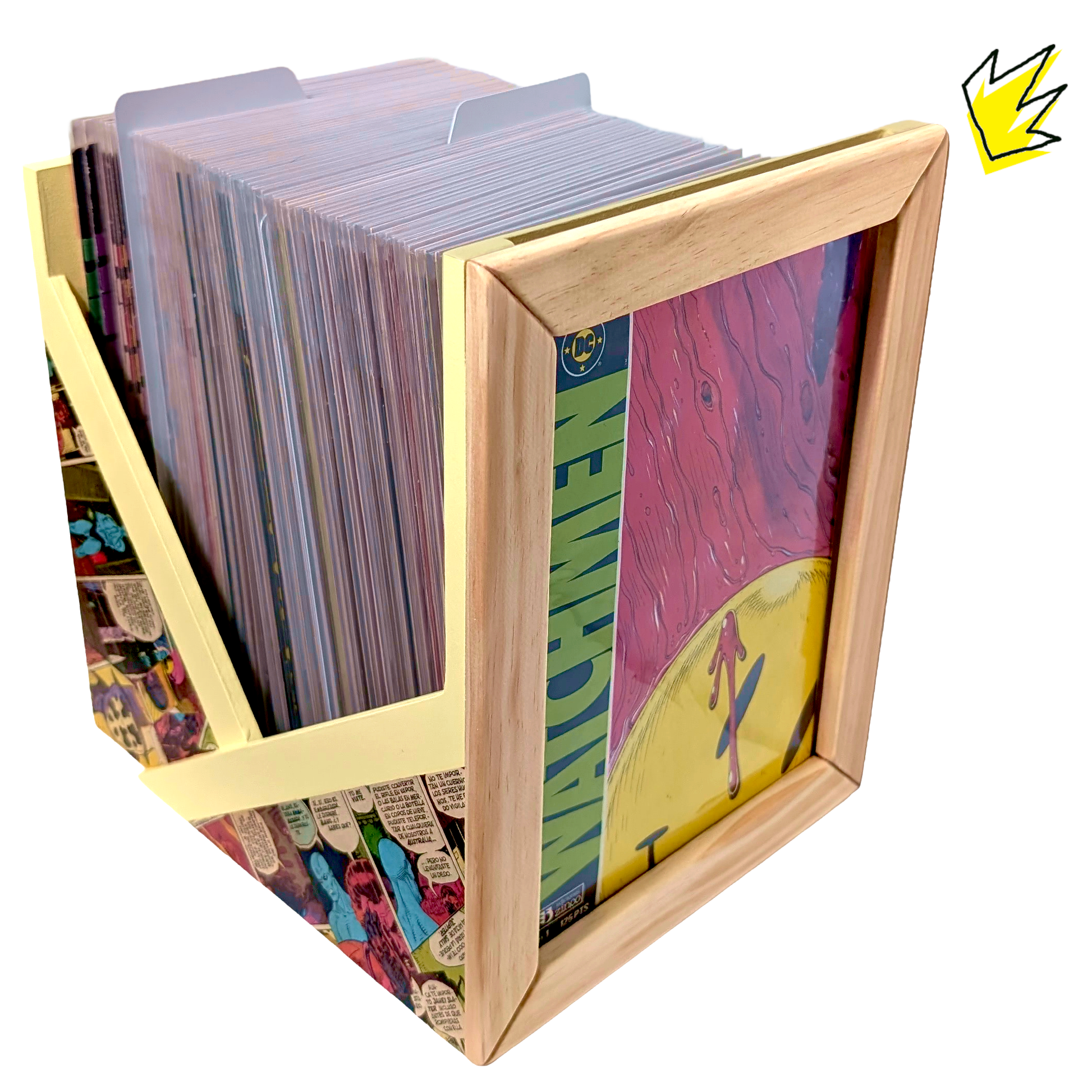 Caja abierta para grapas en madera con marco frontal, foto principal de producto sin fondo