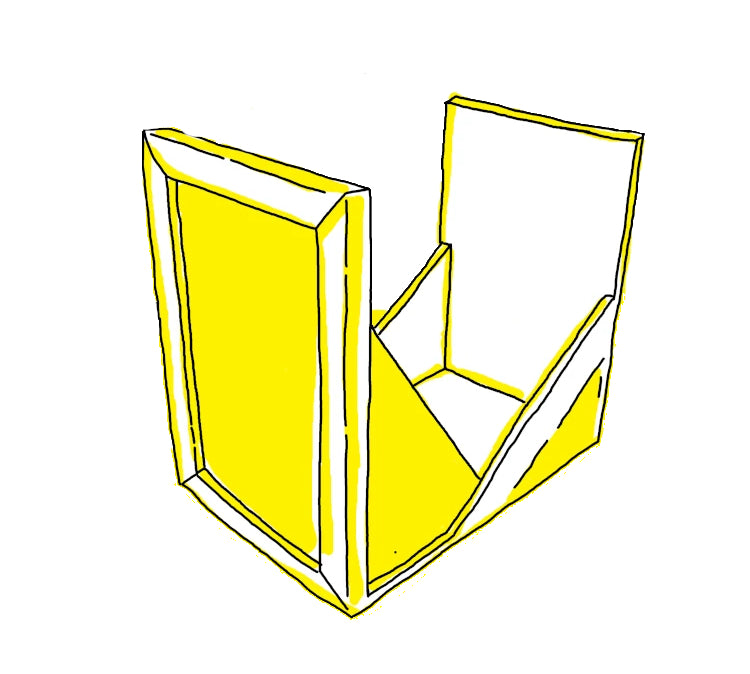 Ilustración técnica de caja expositora de madera para cómics con marco frontal - Frikajas